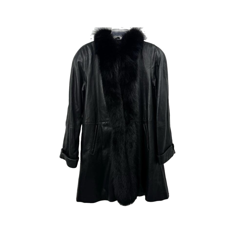 Vintage J. Percy for Marvin Richards Black Leather Coat Fur Trim Long USA Small